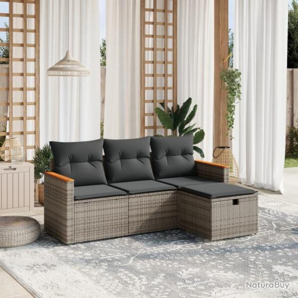 Salon de jardin 4 pcs avec coussins gris rsine tresse