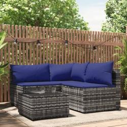 Salon de jardin 4 pcs avec coussins Gris Résine tressée