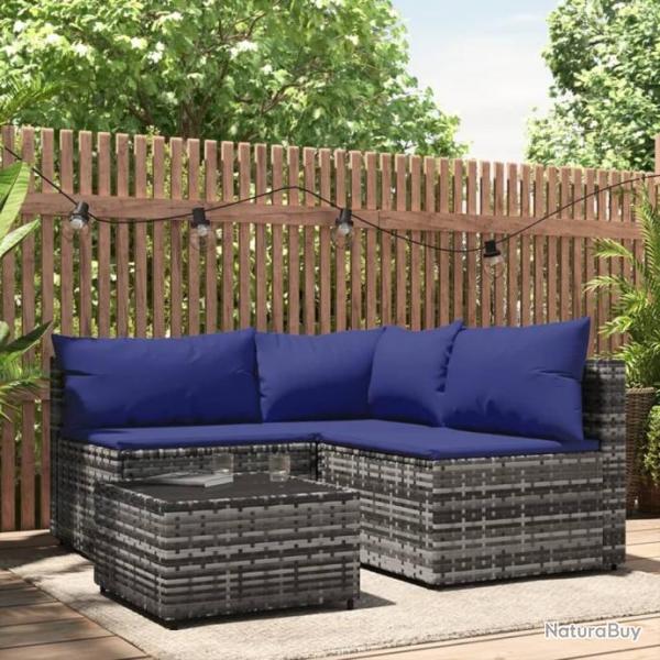 Salon de jardin 4 pcs avec coussins Gris Rsine tresse