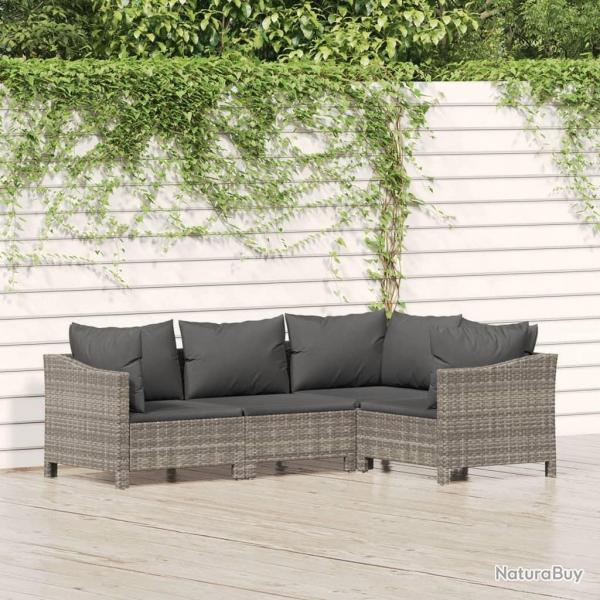 Salon de jardin 4 pcs avec coussins Gris Rsine tresse alsavelo