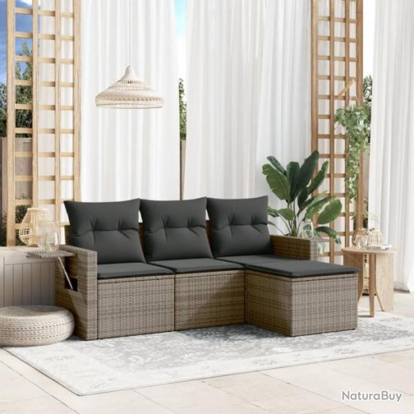 Salon de jardin 4 pcs avec coussins gris rsine tresse