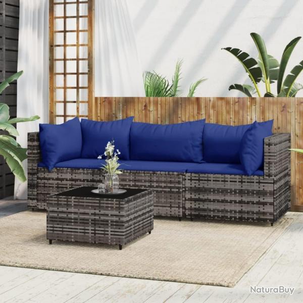 Salon de jardin 4 pcs avec coussins Gris Rsine tresse alsavelo