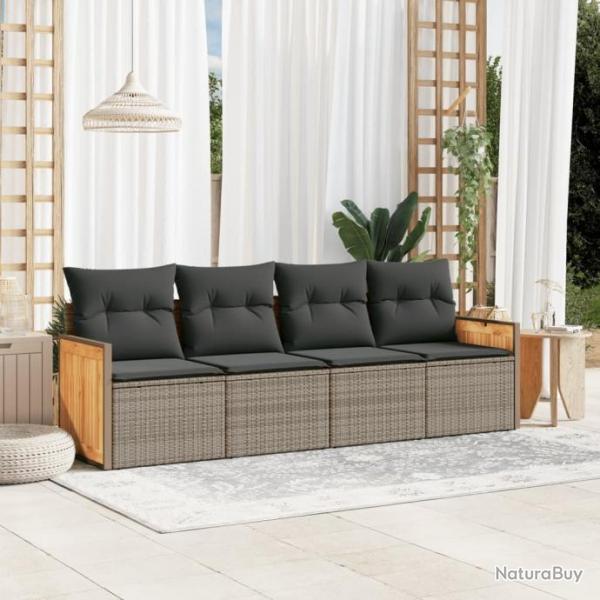 Salon de jardin 4 pcs avec coussins gris rsine tresse