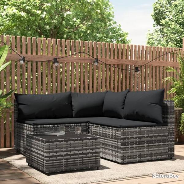 Salon de jardin 4 pcs avec coussins Gris Rsine tresse