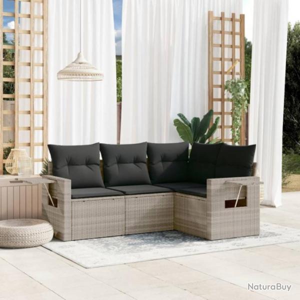 Salon de jardin 4 pcs avec coussins gris clair rsine tresse