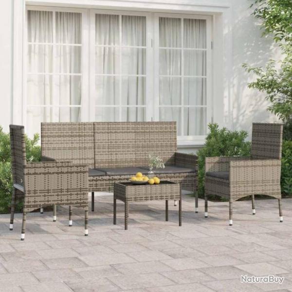 Salon de jardin 4 pcs avec coussins Gris Rsine tresse