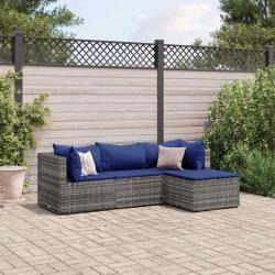 Salon de jardin 4 pcs avec coussins Gris Résine tressée alsavelo