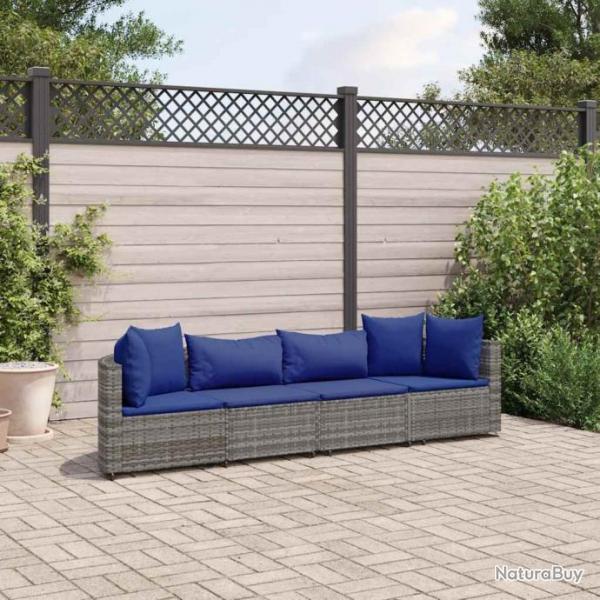 Salon de jardin 4 pcs avec coussins gris rsine tresse