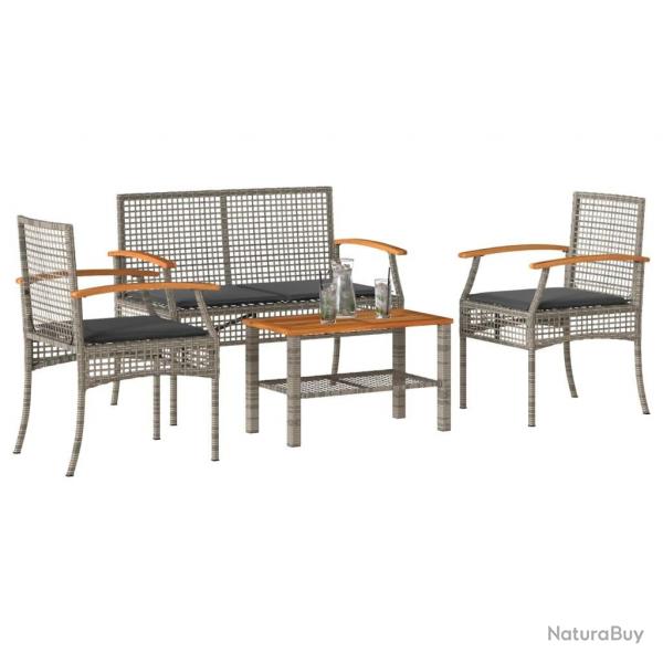 Salon de jardin 4 pcs avec coussins Gris Rsine tresse alsavelo