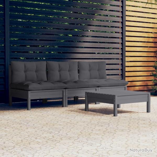 Salon de jardin 4 pcs avec coussins anthracite Bois de pin alsavelo