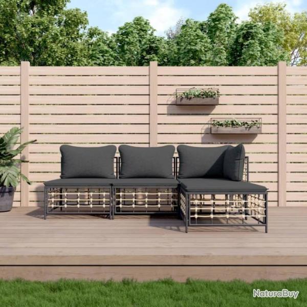 Salon de jardin 4 pcs avec coussins anthracite rsine tresse