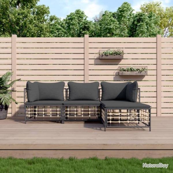 Salon de jardin 4 pcs avec coussins anthracite rsine tresse