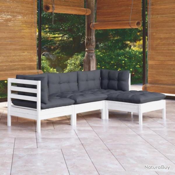 Salon de jardin 4 pcs avec coussins blanc bois de pin