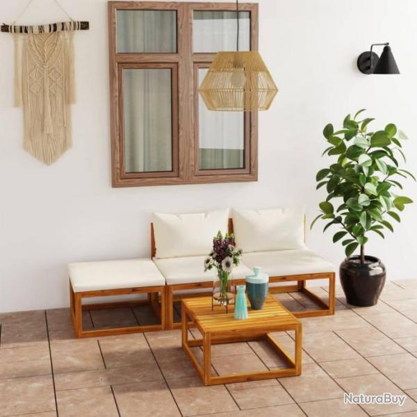 Salon de jardin 4 pcs avec coussin Crme Bois d'acacia solide