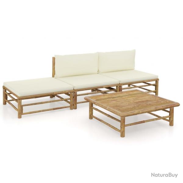 Salon de jardin 4 pcs avec coussins blanc crme bambou alsavelo