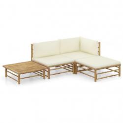 Salon de jardin 4 pcs avec coussins blanc crème bambou alsavelo