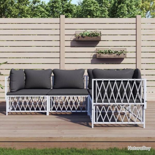 Salon de jardin 4 pcs avec coussins blanc acier