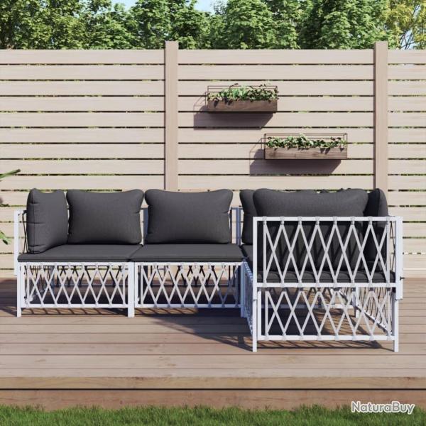 Salon de jardin 4 pcs avec coussins blanc acier alsavelo