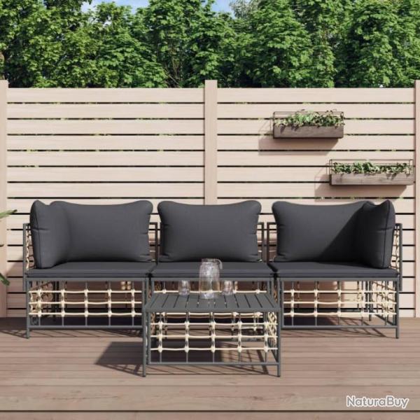 Salon de jardin 4 pcs avec coussins anthracite rsine tresse