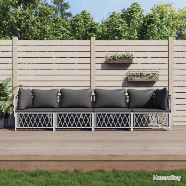 Salon de jardin 4 pcs avec coussins blanc acier