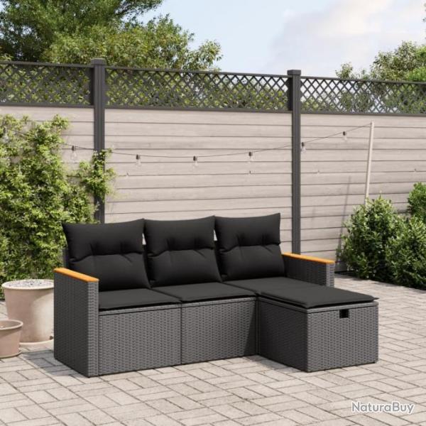 Salon de jardin 4 pcs avec coussins noir rsine tresse