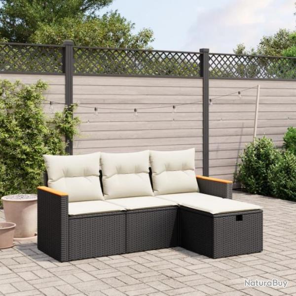 Salon de jardin 4 pcs avec coussins noir rsine tresse