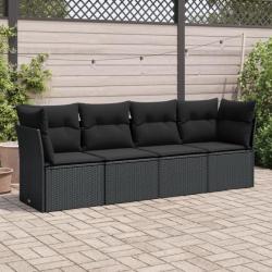 Salon de jardin 4 pcs avec coussins noir résine tressée