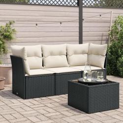 Salon de jardin 4 pcs avec coussins noir résine tressée