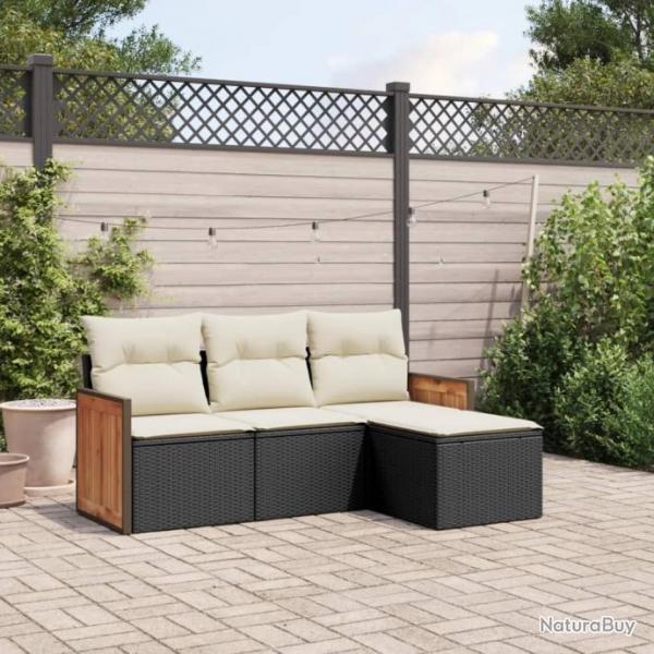 Salon de jardin 4 pcs avec coussins noir rsine tresse