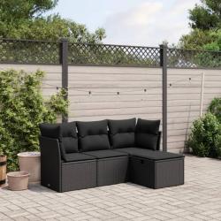 Salon de jardin 4 pcs avec coussins noir résine tressée