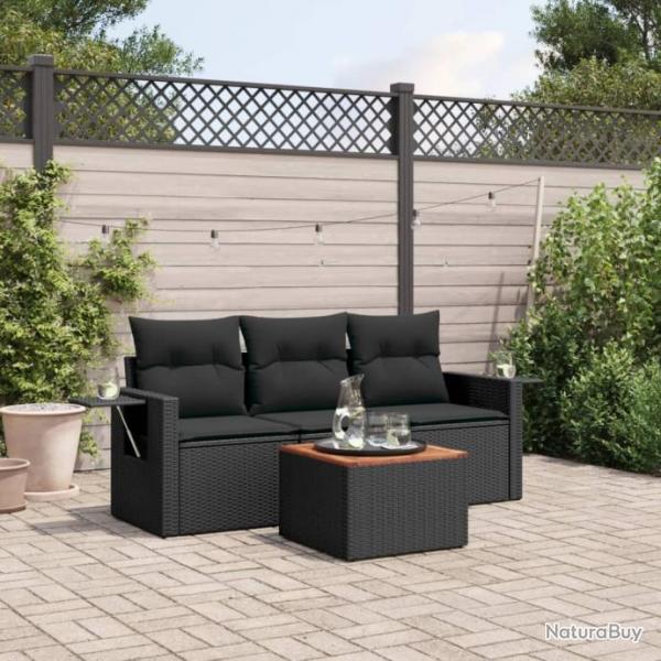 Salon de jardin 4 pcs avec coussins noir rsine tresse