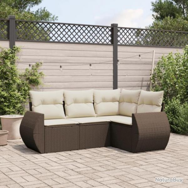 Salon de jardin 4 pcs avec coussins marron rsine tresse