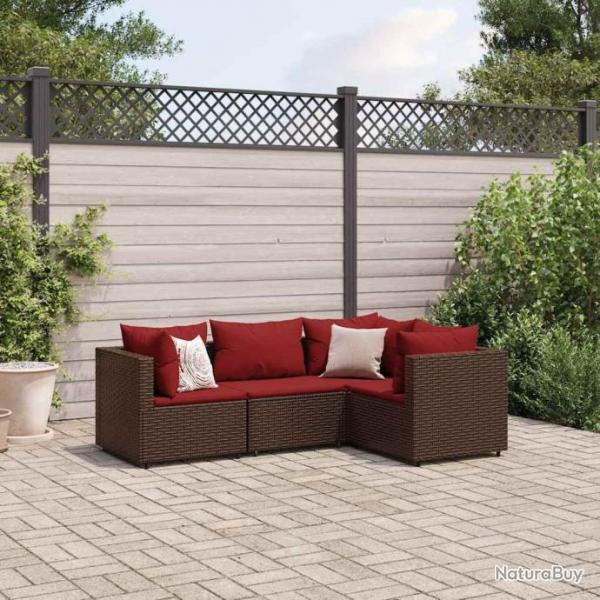 Salon de jardin 4 pcs avec coussins Marron Rsine tresse