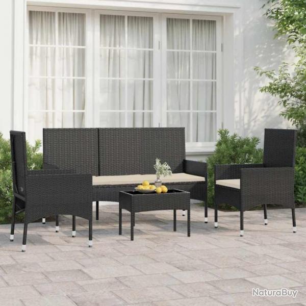 Salon de jardin 4 pcs avec coussins Noir Rsine tresse