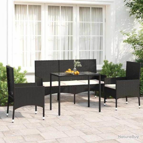 Salon de jardin 4 pcs avec coussins Noir Rsine tresse