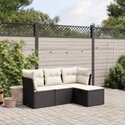 Salon de jardin 4 pcs avec coussins noir résine tressée