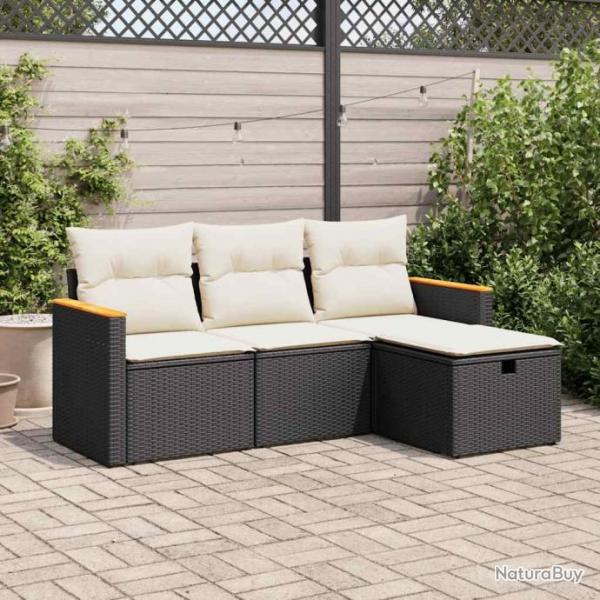 Salon de jardin 4 pcs avec coussins noir rsine tresse