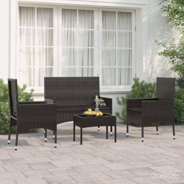 Salon de jardin 4 pcs avec coussins Noir Rsine tresse