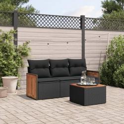 Salon de jardin 4 pcs avec coussins noir résine tressée