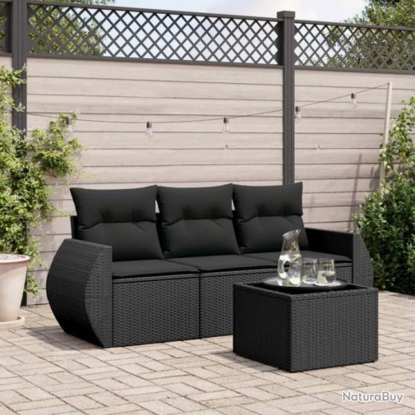 Salon de jardin 4 pcs avec coussins noir rsine tresse