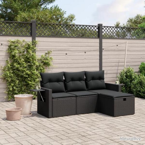 Salon de jardin 4 pcs avec coussins noir rsine tresse