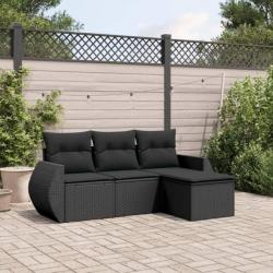 Salon de jardin 4 pcs avec coussins noir résine tressée