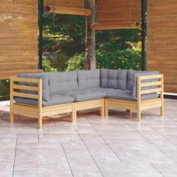 Salon de jardin 4 pcs avec coussins gris Bois de pin