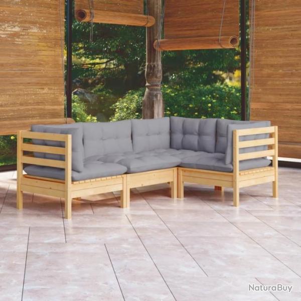 Salon de jardin 4 pcs avec coussins gris Bois de pin