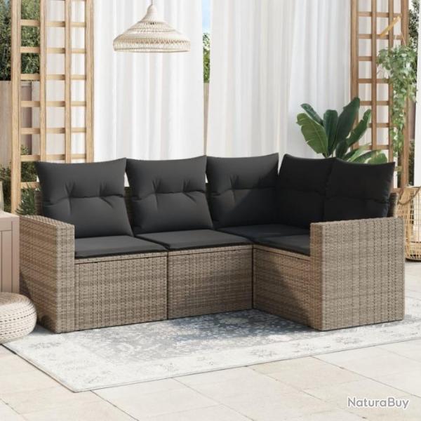 Salon de jardin 4 pcs avec coussins gris rsine tresse