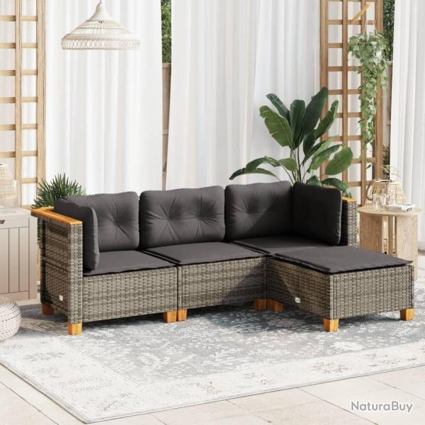 Salon de jardin 4 pcs avec coussins gris rsine tresse alsavelo