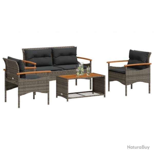 Salon de jardin 4 pcs avec coussins gris rsine tresse alsavelo