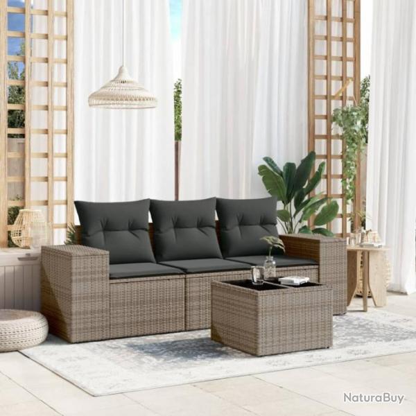 Salon de jardin 4 pcs avec coussins gris rsine tresse