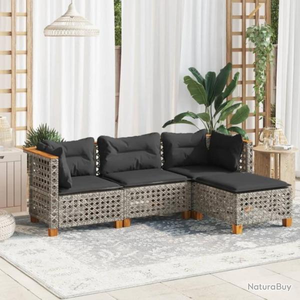 Salon de jardin 4 pcs avec coussins gris rsine tresse