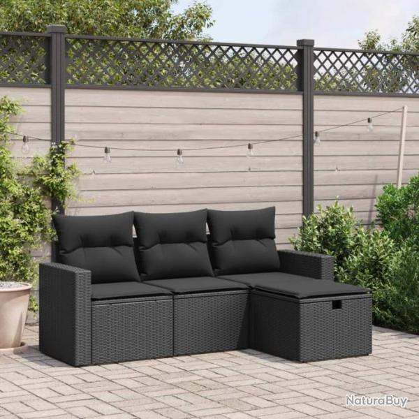 Salon de jardin 4 pcs avec coussins noir rsine tresse